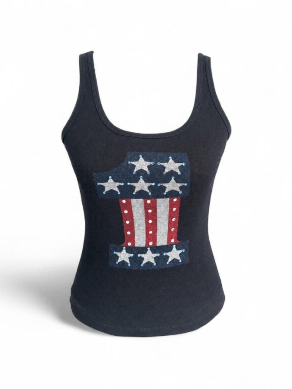 Black Bebe Tank Top with American flag style #1 with embellishments